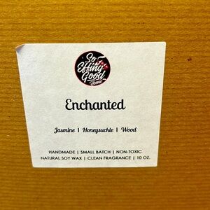 Handmade soy wax candle in ceramic jar. Scent: Enchanted. 10 oz.
